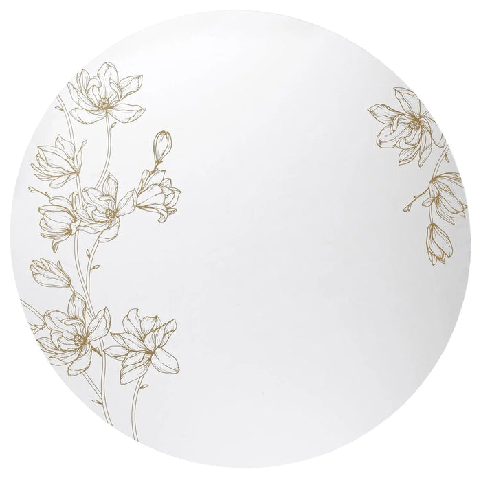 White round charger plate with delicate gold floral line drawings around the border, from Waterdale Collection's Floral Chargers collection.