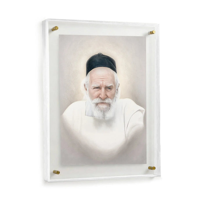 Frame Gedolim Art Rav Moshe Feinstein portrait in light pearl marble finish, 16x20 wall art with acrylic framing