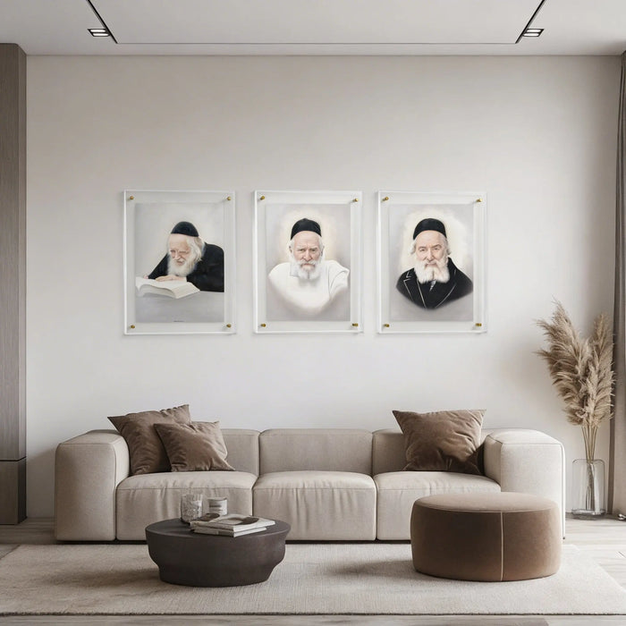 Frame Gedolim Art Rav Moshe Feinstein in light pearl marble finish displayed above a beige sofa in modern living room setting