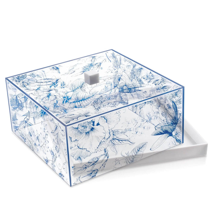 French Toile Cake Dome with blue and white painted design, clear acrylic construction, perfect for serving and displaying baked goods.