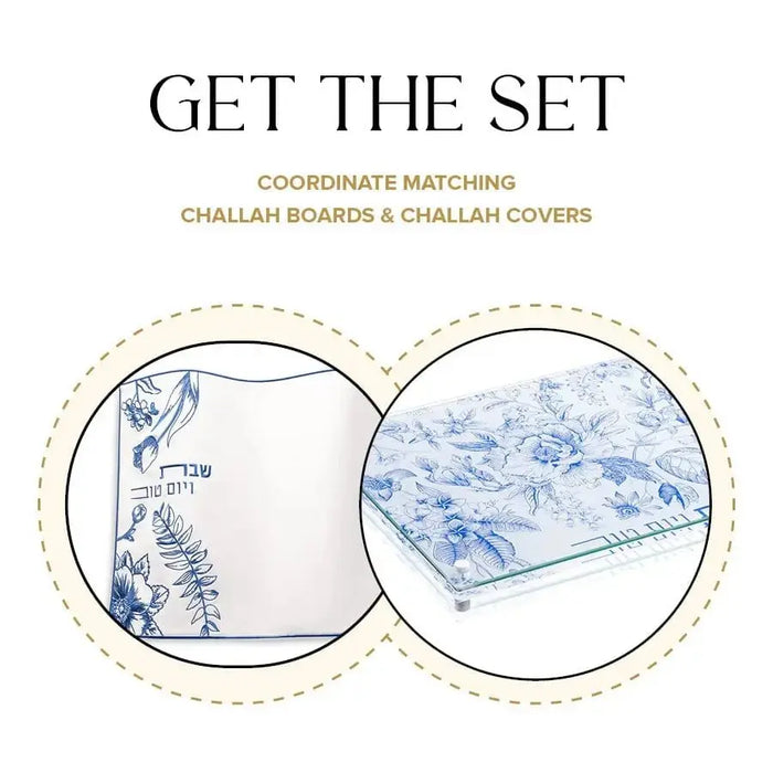 French Toile Challah Board and Cover Set by Waterdale Collection featuring blue and white ceramic dishes with classic toile pattern design