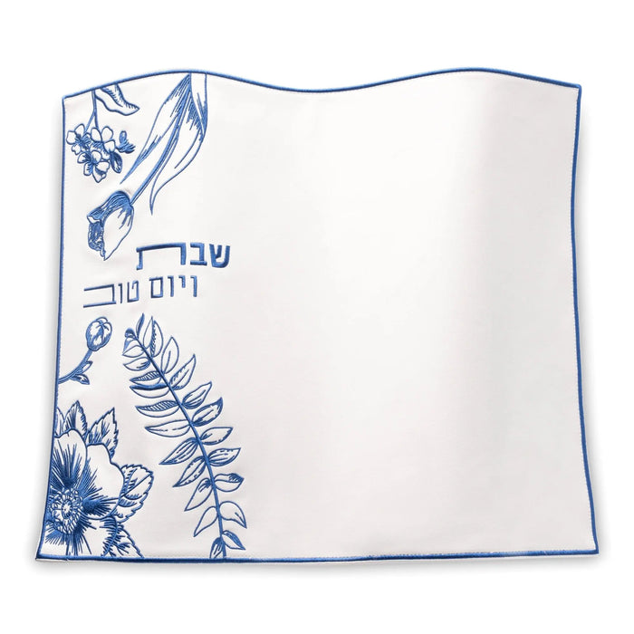 French Toile Challah Cover with blue botanical design and Hebrew text on cream linen fabric by Waterdale Collection