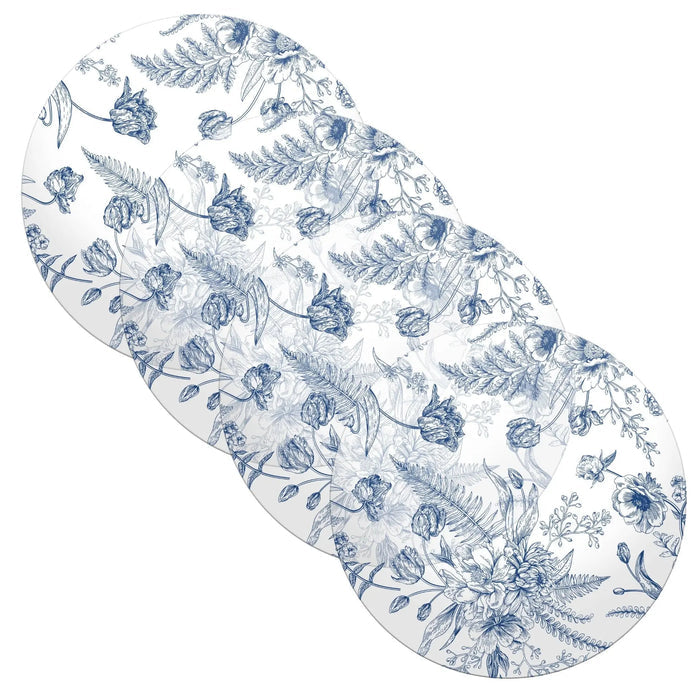 French Toile Charger plate in blue and white with decorative floral pattern from Waterdale Collection for elegant table settings.