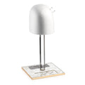 French Toile Lucite wig head with wooden base stand, clear acrylic dome cap on metal pole for display and styling.
