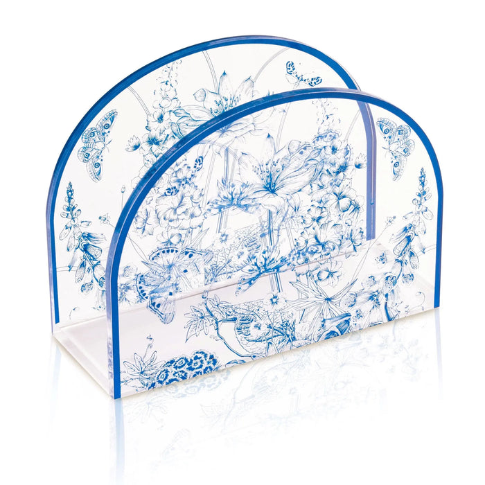 Blue and white French toile napkin holder with arched design, featuring floral and botanical illustrations with insects throughout.