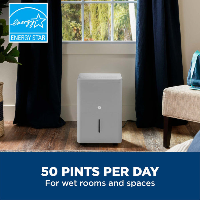 GE 50 Pint ENERGY STAR Smart Portable Dehumidifier with Smart Dry for Wet Spaces, Gray (Refurbished)