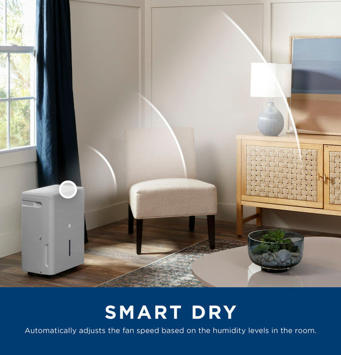 GE 50 Pint ENERGY STAR Smart Portable Dehumidifier with Smart Dry for Wet Spaces, Gray (Refurbished)