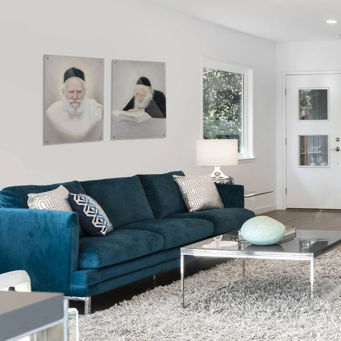 Gedolim Art Rav Chaim Kanievsky portrait in light tones, 16x20 wall art print displayed above blue sofa in modern living room