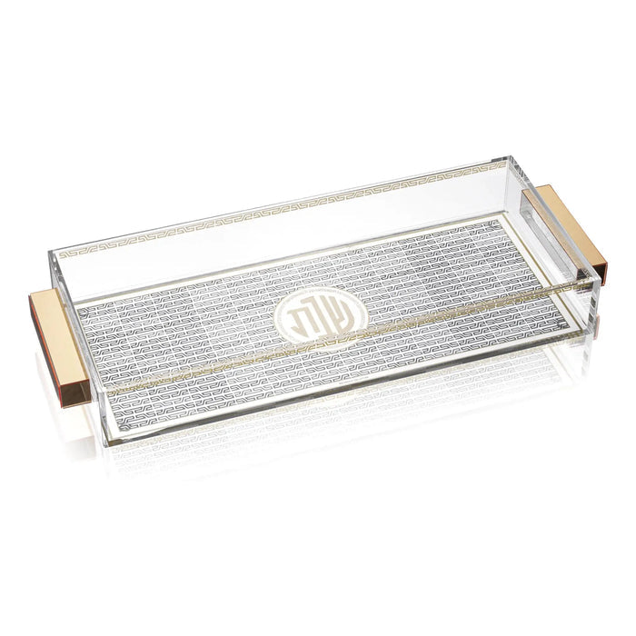 Geometric Bread Tray by Waterdale Collection featuring clear acrylic with gold metal handles and lattice pattern design for serveware and entertaining.