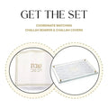 Waterdale Collection geometric challah board and matching cover set displayed together, featuring a wooden board with gold accents and clear acrylic cover.