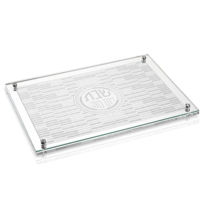 Waterdale Collection geometric challah board with clear acrylic cover and silver corner accents for serving bread.