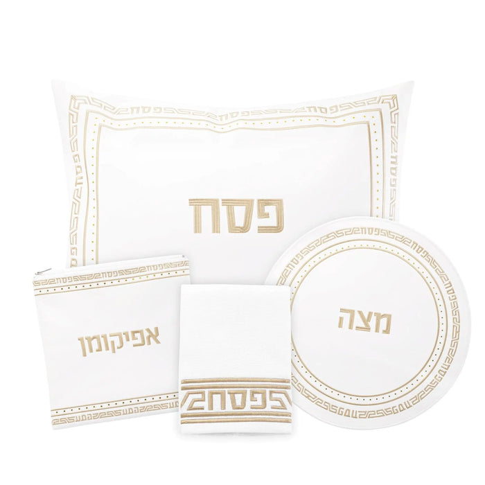 Geometric Crystal Stone Pesach Set with beige leather placemats and round serving plate featuring geometric border designs.