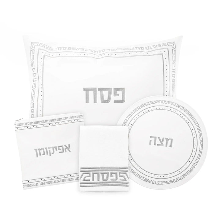 Geometric Crystal Stone Pesach Set with leather components and decorative circular and rectangular trays in neutral tones.