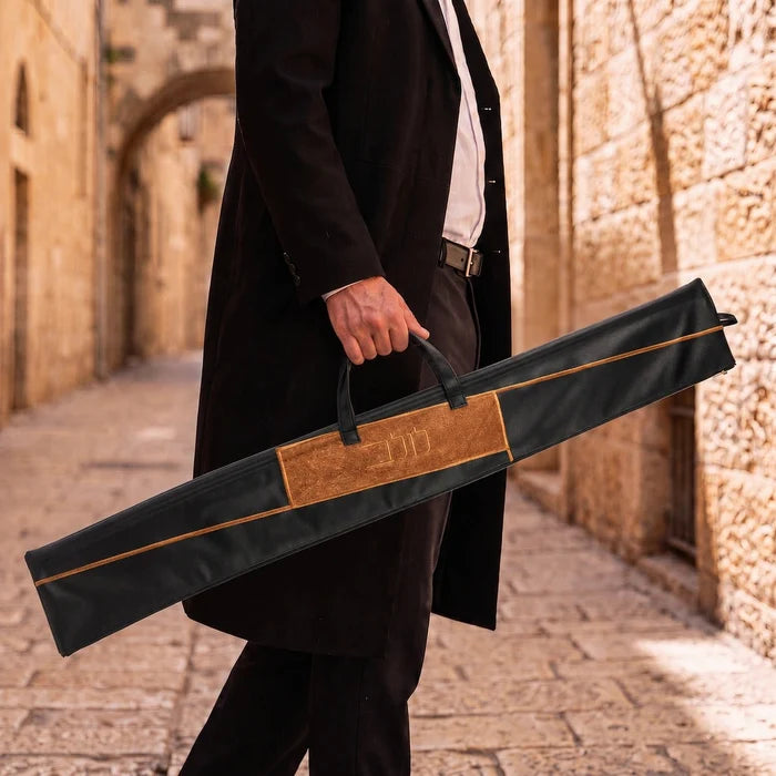 Black Geometric Fur Leather Lulav Case | Man carrying a lulav case in Jerusalem