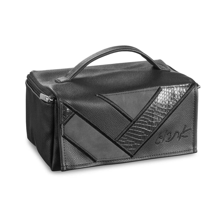 Black Geometric Panel leather esrog bag from Waterdale Collection with a top handle, for Sukkos