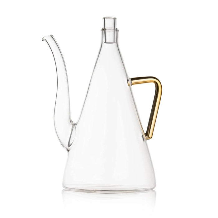 Glass Oil Jug from Waterdale Collection with a gold metal handle and long pouring spout, for filling a menorah on Chanukah