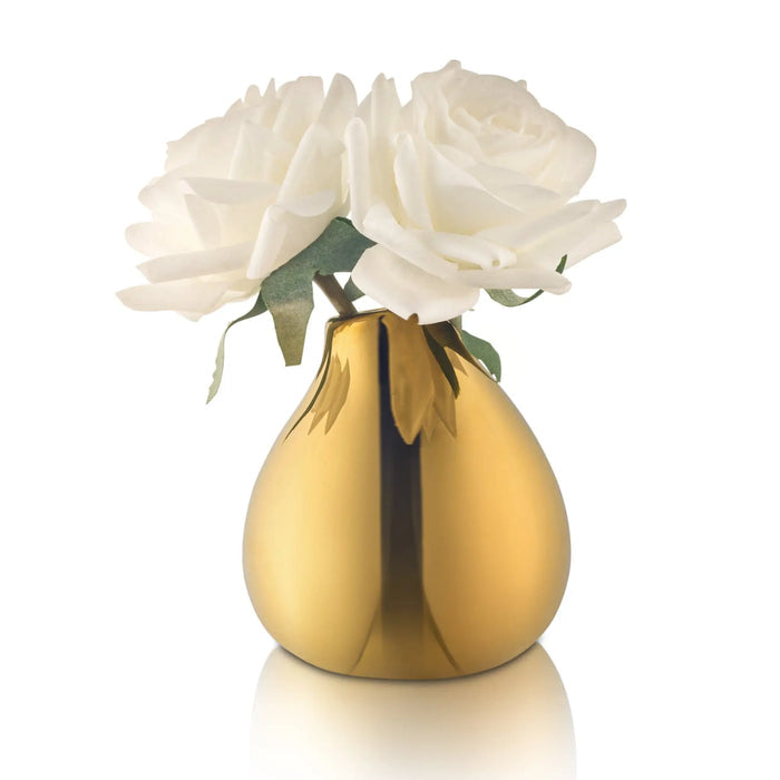 Gold teardrop vase with white faux roses arranged in a compact bouquet, perfect for home décor or gifting.