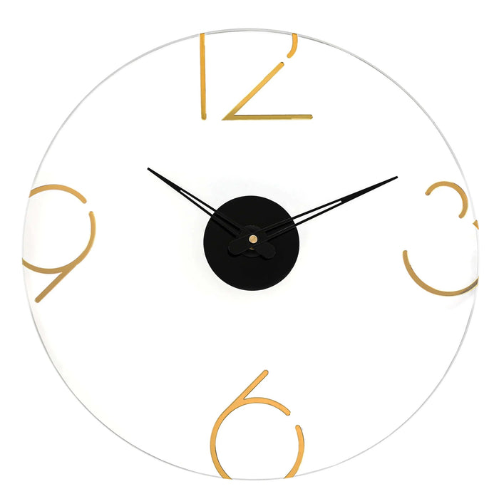 Gold Number Clock with black hands and gold metal numerals on white face, modern minimalist wall art design