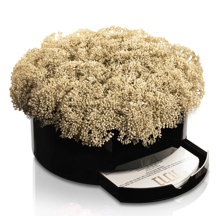 Greenery Round Vase Bencher Set with dried faux flowers in cream and black container for tabletop floral arrangements.