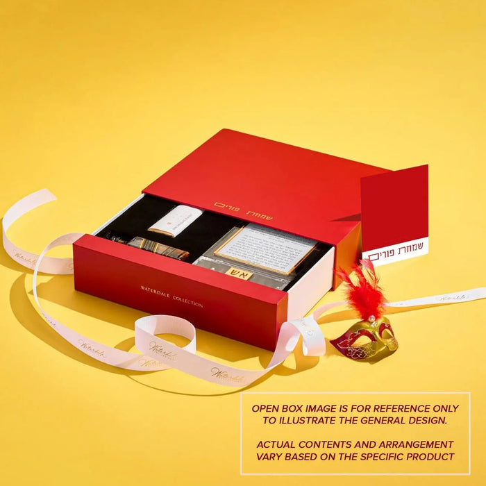 Red box of Spiral Havdalah Candles for Mishloach Manos gifts, displayed with gold ribbon and treats on yellow background.