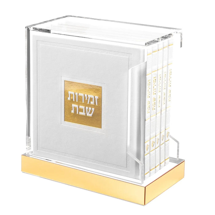 Hardcover leather bencher set with lucite case and gold accents, displayed in clear protective packaging with gold base.