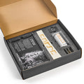 Havdalah gift box set by Waterdale Collection displaying lucite cards, candles, and ceremonial items arranged in black packaging with cardboard sleeve.