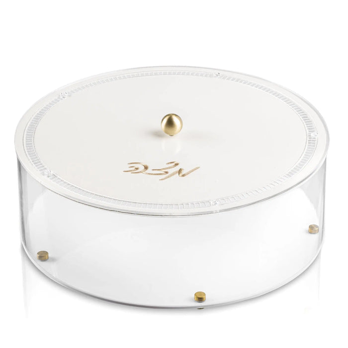 Hemstitch Matzah Box in clear lucite with white lid and gold accent details, designed for Pesach tabletop display.