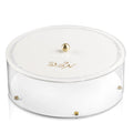 Hemstitch Matzah Box in clear lucite with white lid and gold accent details, designed for Pesach tabletop display.