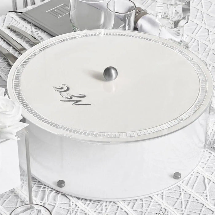 White round Hemstitch Matzah Box with decorative beaded edge detail and lift-off lid, elegant Pesach tabletop serving piece.