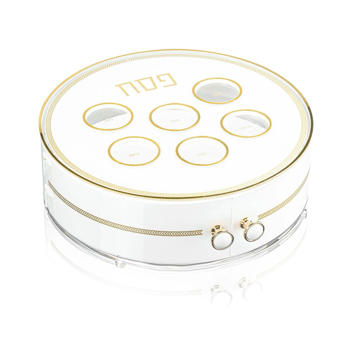 Herringbone 3 Level Seder Plate with clear lucite tiers and gold trim, displaying six compartments for Passover foods.