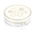 Herringbone 3 Level Seder Plate with clear lucite tiers and gold trim, displaying six compartments for Passover foods.