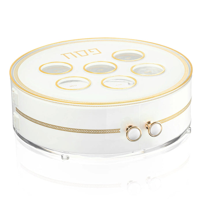 Herringbone 3 Level Seder Plate with gold accents and lucite construction, featuring six circular wells arranged on tiered white platform