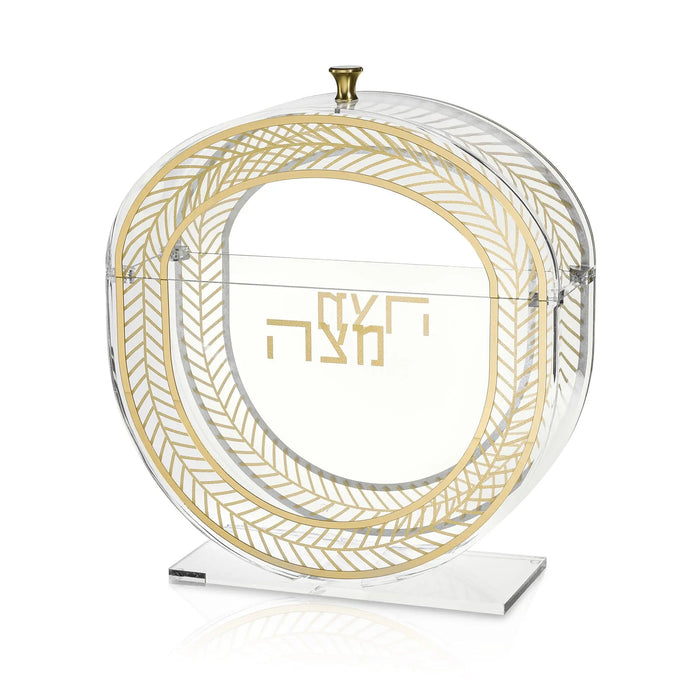 Herringbone standing matzah box with woven natural fiber design and lucite base, made by Waterdale Collection for Passover.
