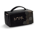 Black leatherette esrog bag with a gold and silver hexagon dot border, for Sukkos