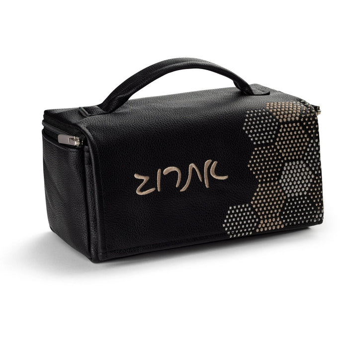 Black leatherette esrog bag with a gold and silver hexagon dot border, for Sukkos