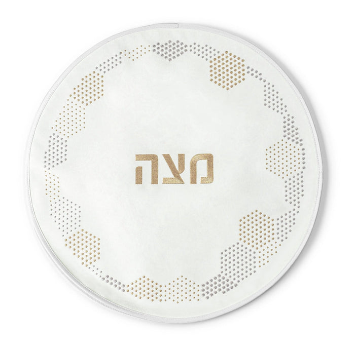 White round matzah cover with hexagon dot border design and Hebrew text, Pesach fabric by Waterdale Collection