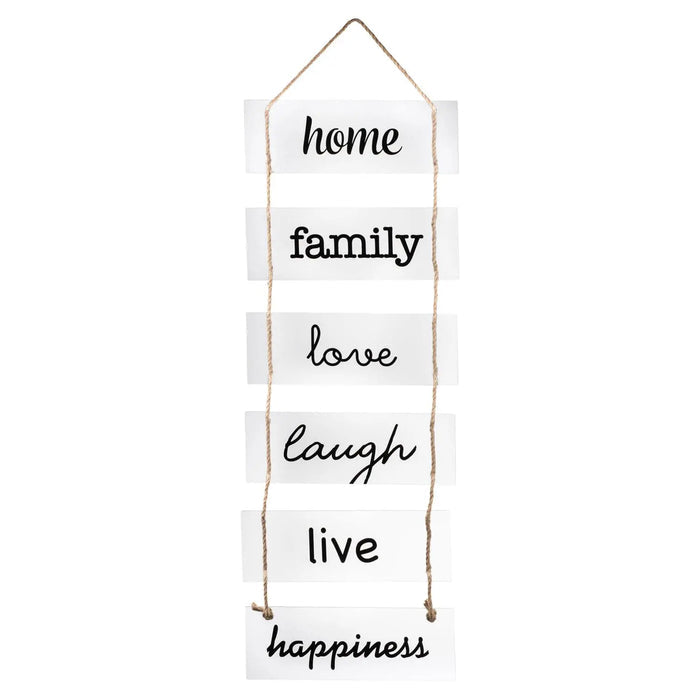 Vertical wooden home sign with stacked text reading home, family, love, laugh, live, happiness in mixed fonts.