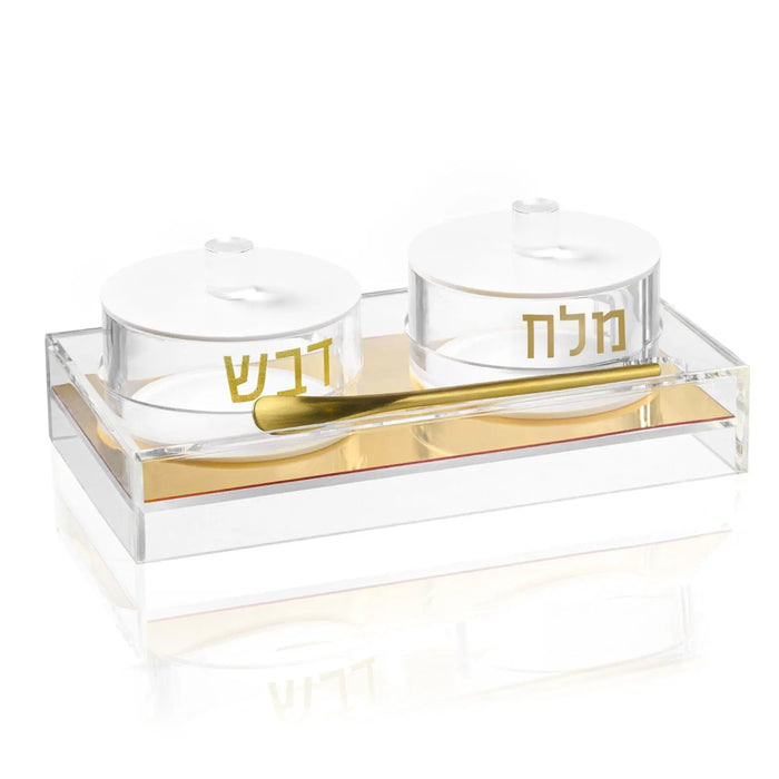 Clear Lucite honey and salt dish with Hebrew lettering for Rosh Hashanah, from Waterdale Collection