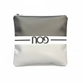 Horizontal Afikoman bag in gray and cream leather with black text band, ideal for Passover storage and table decor.