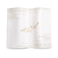 White leather Challah cover with gold studded decorative details and Hebrew text, elegant Shabbat table accessory