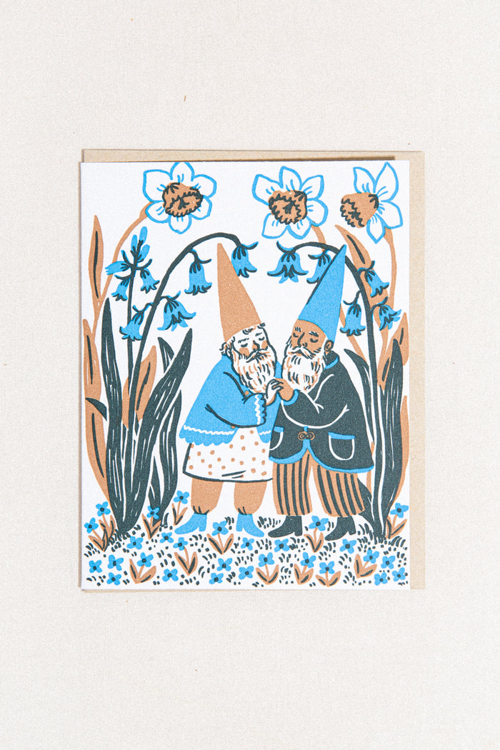 Hugging Blue Gnomes Greeting Card
