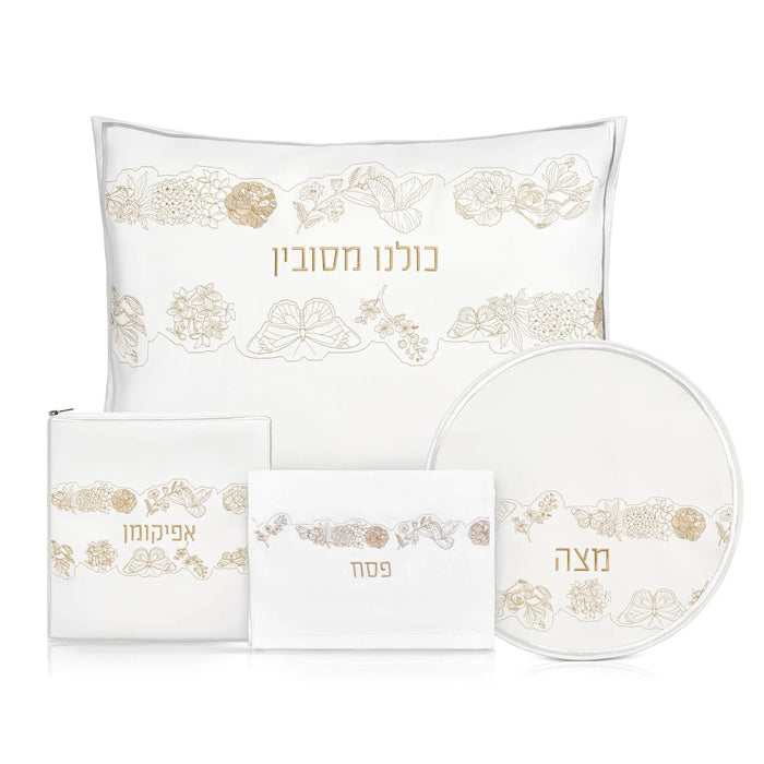 Waterdale Collection Inlay Floral Pesach set with white leather components and gold accents, including plates and matching case.