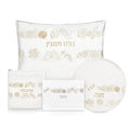Waterdale Collection Inlay Floral Pesach set with white leather components and gold accents, including plates and matching case.