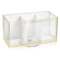 Clear acrylic swivel silverware caddy with three compartments and metal base, perfect for organizing table settings and entertaining.