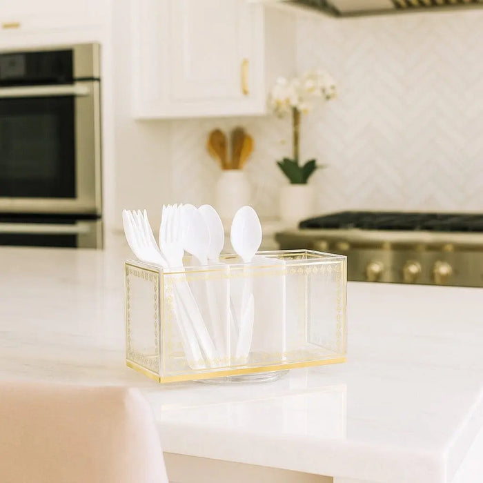 Waterdale Collection cream swivel silverware caddy with white utensil compartments on kitchen counter, ideal for tabletop organization and entertaining.