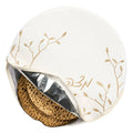 White and gold insulated matzah pouch cover with embroidered leaf design and woven straw base by Waterdale Collection