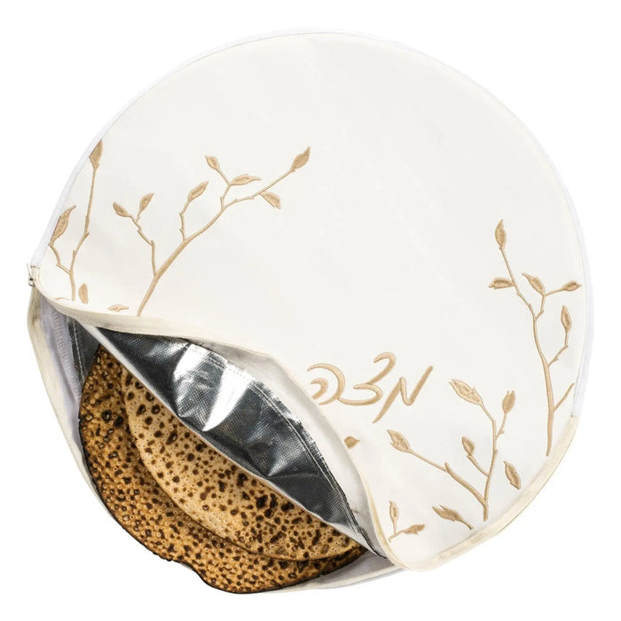 White and gold insulated matzah pouch cover with embroidered leaf design and woven straw base by Waterdale Collection