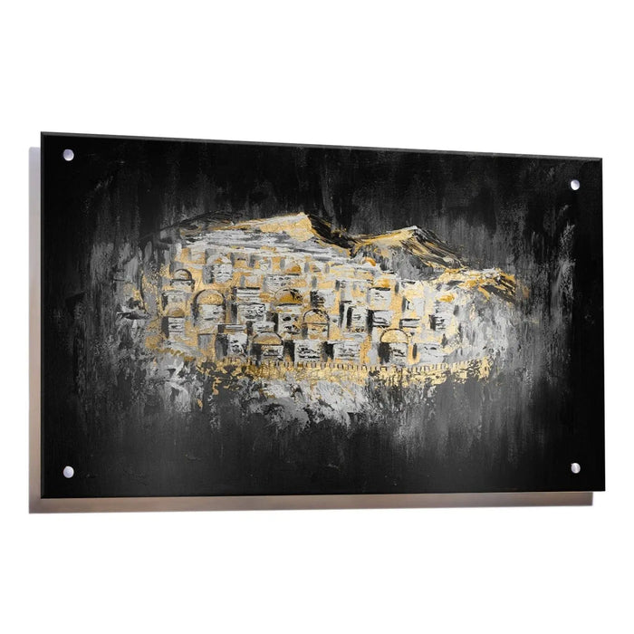 Jerusalem Hills of Gold Painting featuring abstract textured gold brushstrokes on dark background, mounted in sleek white frame for modern wall art display.