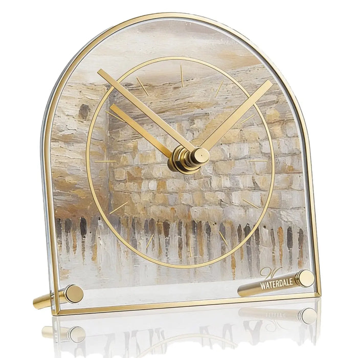 Taupe Jerusalem desk clock with arched top, metal frame, and painted details showing the Kosel building facade behind glass face with gold hands.