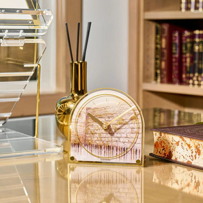 Jerusalem Taupe Basic Desk Clock by Waterdale Collection featuring a round face with metal accents, displayed on a desk in a home office setting.
